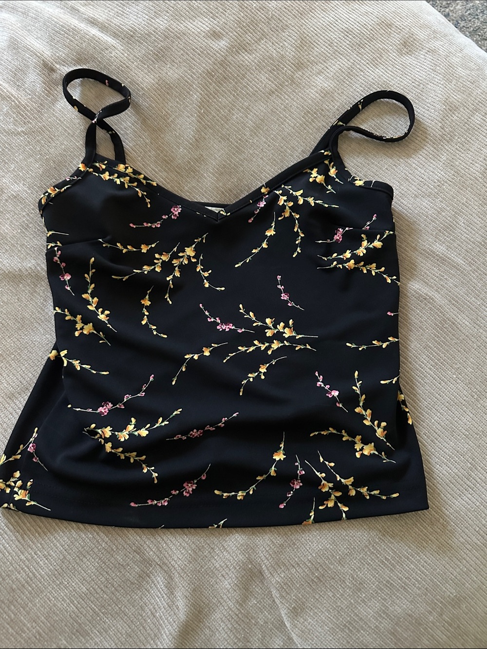 Y2k A.BYER Floral Black Cami Tank Top with Yellow & Pink Sprig Print